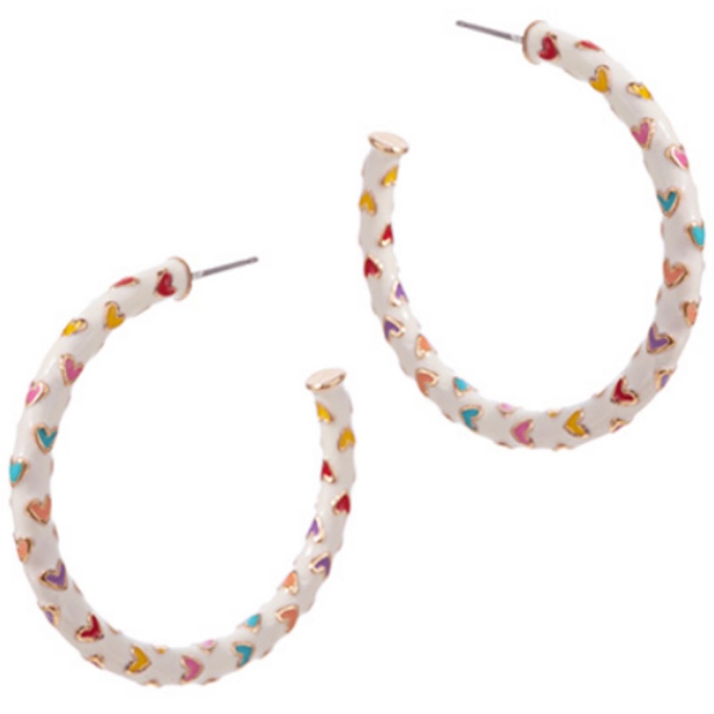 Enamel heart hoop earrings. 1.75” medium size hoop! Valentine’s Day inspired